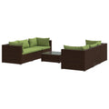 vidaXL 7-Piece Outdoor Patio Lounge Set - Poly Rattan Sectional Sofa with Cushions - Brown/Green