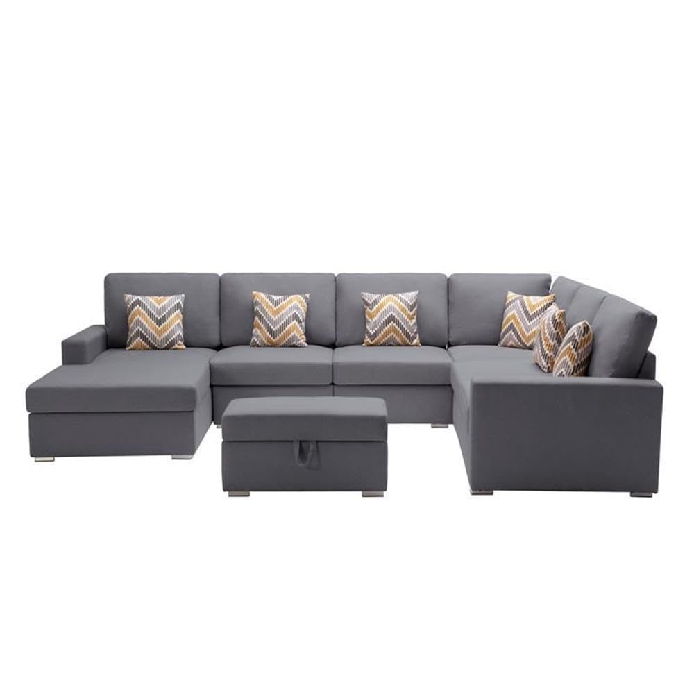 Lilola Home Nolan Gray Linen Fabric 7Pc Reversible Chaise Sectional Sofa with Interchangeable Legs, Pillows and Storage Ottoman