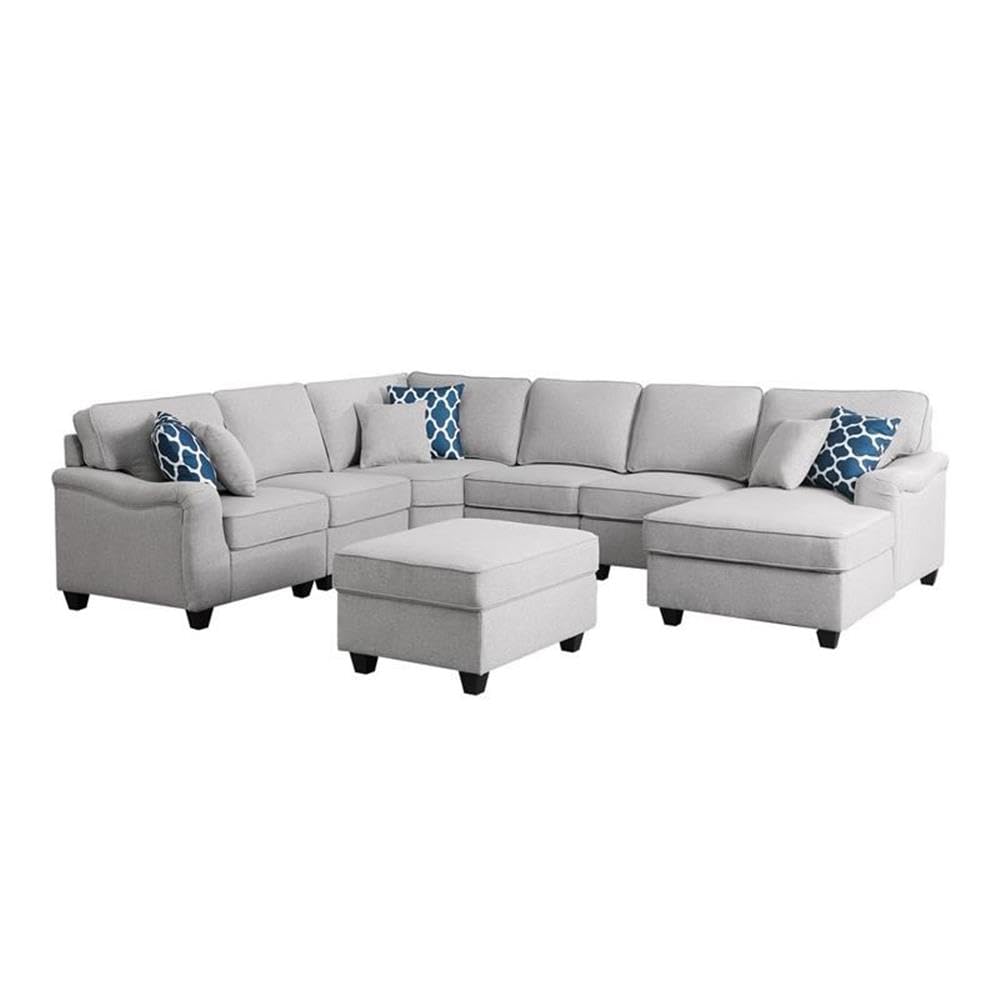 Lilola Home Leo Light Gray Linen 7Pc Modular L-Shape Sectional Sofa Chaise and Ottoman