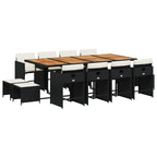 vidaXL Patio Dining Set - 13 Piece, Black Poly Rattan, Acacia Wood Tabletop, Cushions Included, Foldable Storage