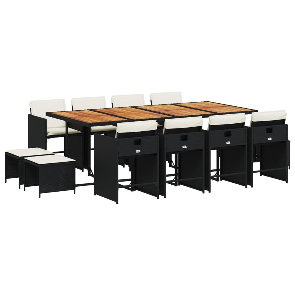vidaXL Patio Dining Set - 13 Piece, Black Poly Rattan, Acacia Wood Tabletop, Cushions Included, Foldable Storage