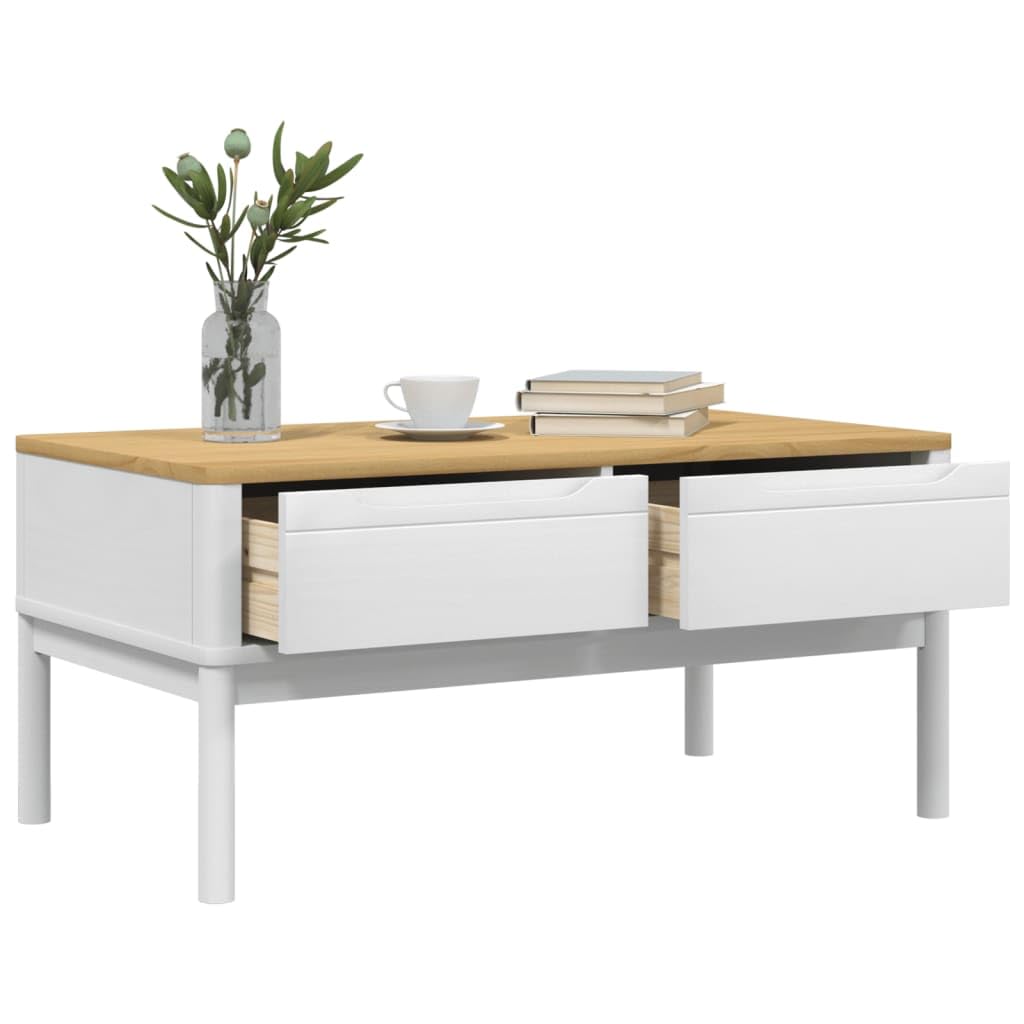 vidaXL - Floro Coffee Table White Solid Pine Wood - Rectangular Modern Side Table with 2 Drawers - 39 x 21.9 x 17.7