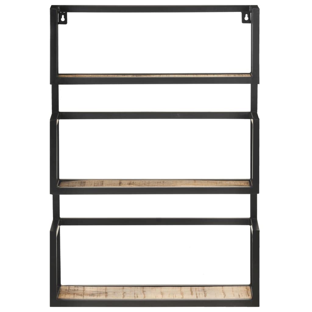 vidaXL Wall Mounted Shelf - Spacious Three-Tier Design, Sturdy Iron Frame & Rough Mango Wood Craftsmanship - Black, Industrial Style, Ideal for Organising and Displaying