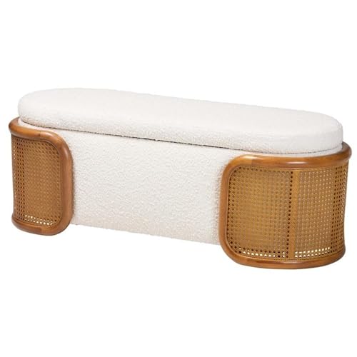 Baxton Studio Basira Japandi Cream Boucle Fabric Storage Bench with Woven Rattan