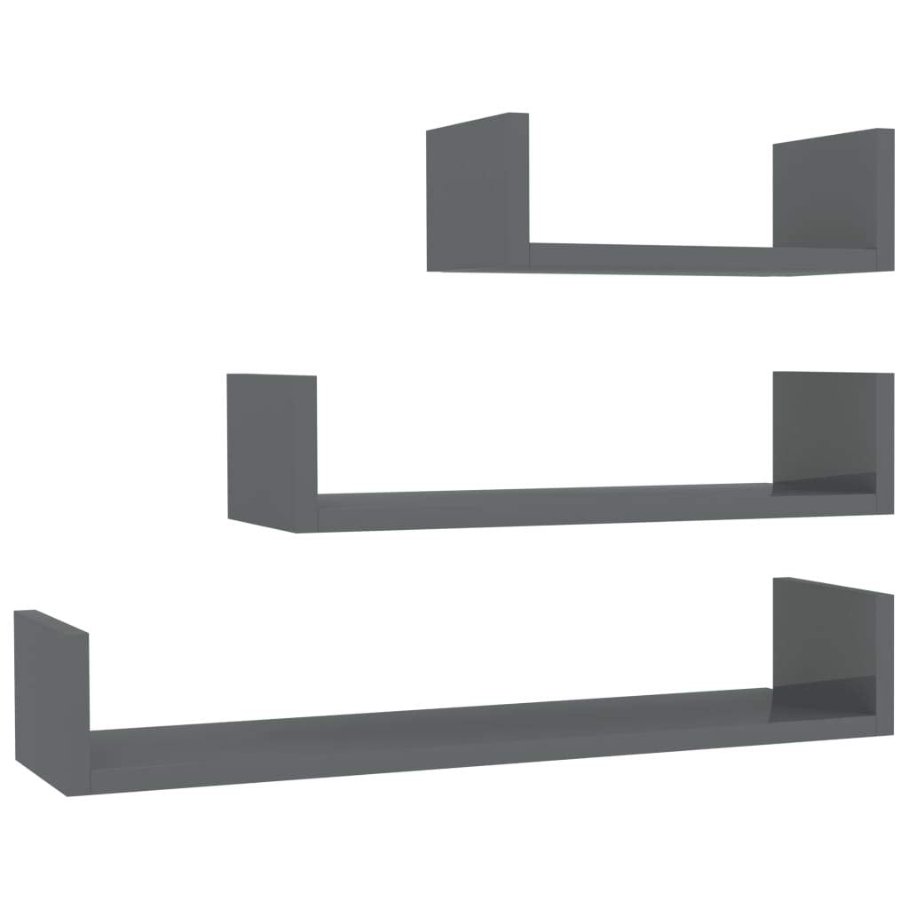 vidaXL Modern High Gloss Gray Wall Display Shelves Set of 3 - Durable Engineered Wood Construction, Stylish & Functional, Great for Kitchen, Living Room, and Bedroom