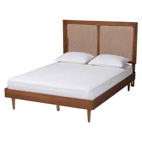 Baxton Studio Boris Mid-Century Modern Ash Walnut Woven Rattan King Size Bed