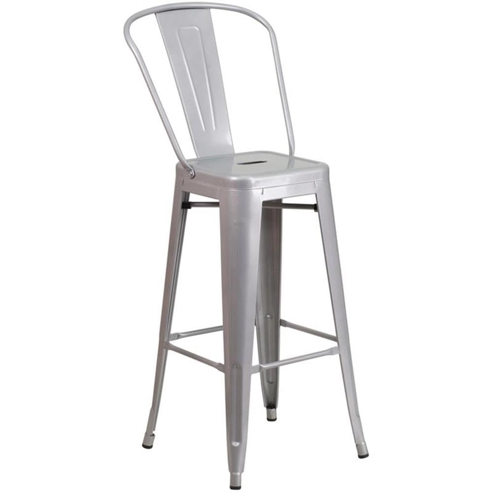 Flash Furniture Commercial Grade 23.75" Square Silver Metal Indoor-Outdoor Bar Table Set with 2 Stools with Backs