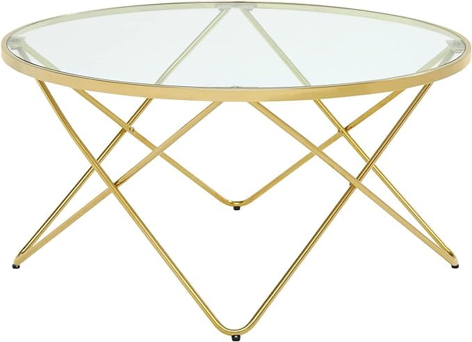 HomeRoots 32' Glass and Gold Geo Round Coffee Table