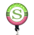 S Initial Pink Green Bandana - Retractable Badge Reel With Swivel Clip And Extra-Long 34 Inch Cord - Badge Holder