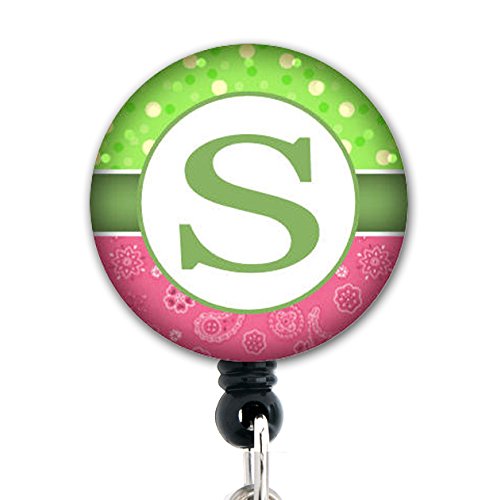 S Initial Pink Green Bandana - Retractable Badge Reel With Swivel Clip And Extra-Long 34 Inch Cord - Badge Holder