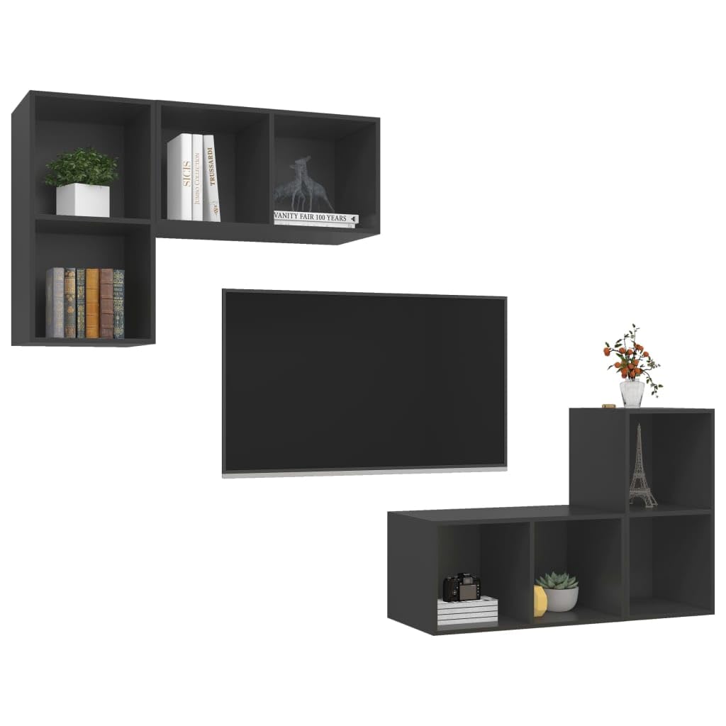 vidaXL Wall-Mounted TV Cabinets Set of 4 | Gray Engineered Wood | Functional Storage | Ample Compartment Space | Flexible Mounting Design | Safety Compliant