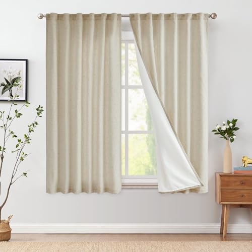 Jinchan Oat Linen Blend Curtains 63 Inch Length For Living Room Farmhouse Curtains With Lined Rod Pocket Back Tab Light Filtering Window Drapes With Lined For Bedroom Curtains 2 Panels Oat