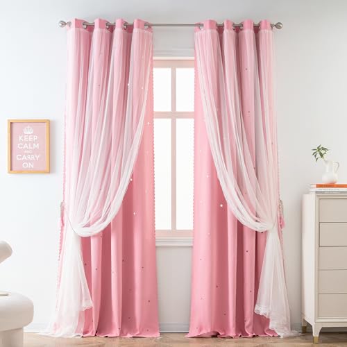 Yancorp Pink Curtains For Bedroom Living Room Thermal Insulated Kids Curtain Hollow-Out Star Window Nursery Curtain 96 Inches Length Room Darkening Grommet(Pink,52 * 96),1 Panel