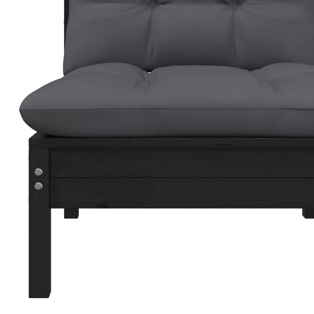 vidaXL Patio Middle Sofa - Comfortable with Cushions - Freestanding Black Garden Furniture - Solid Pinewood Construction - Flexible Modular Design