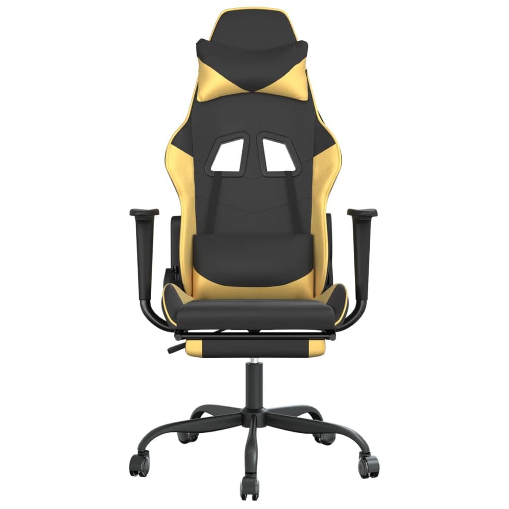 vidaXL Massage Gaming Chair for Adult, Reclining Computer Chair with Footrest and Headrest, Height Adjustable Office Chair with 360°-Swivel Castors, Black and Gold Faux Leather