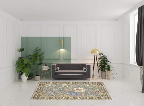 HomeRoots 509349 6 x 9 ft. Blue Gray Gold Green Pink Orange Ivory & Red Oriental Power Loom Stain Resistant Rectangle Area Rug with Fringe