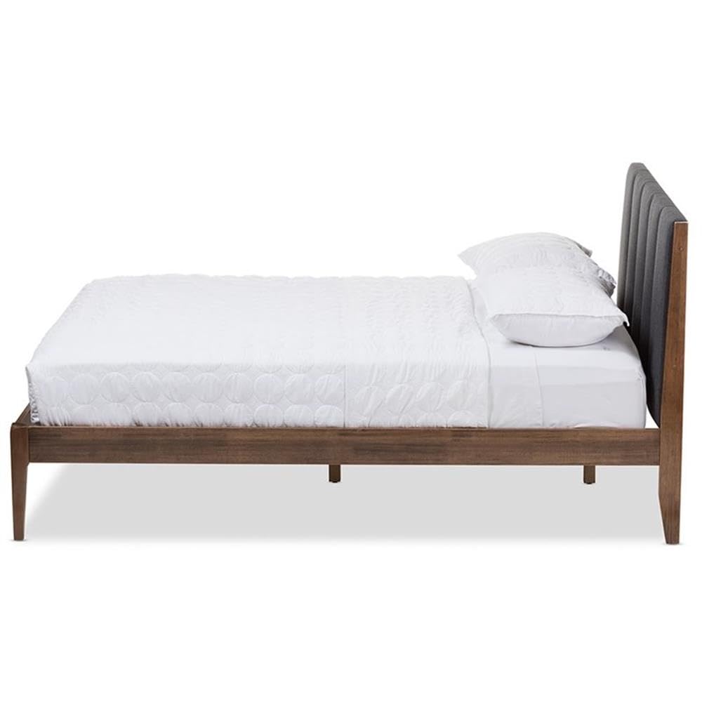 Baxton Studio Ember Mid-Century Dark Grey Fabric and Medium Brown Finish Wood Queen Size Platform Bed