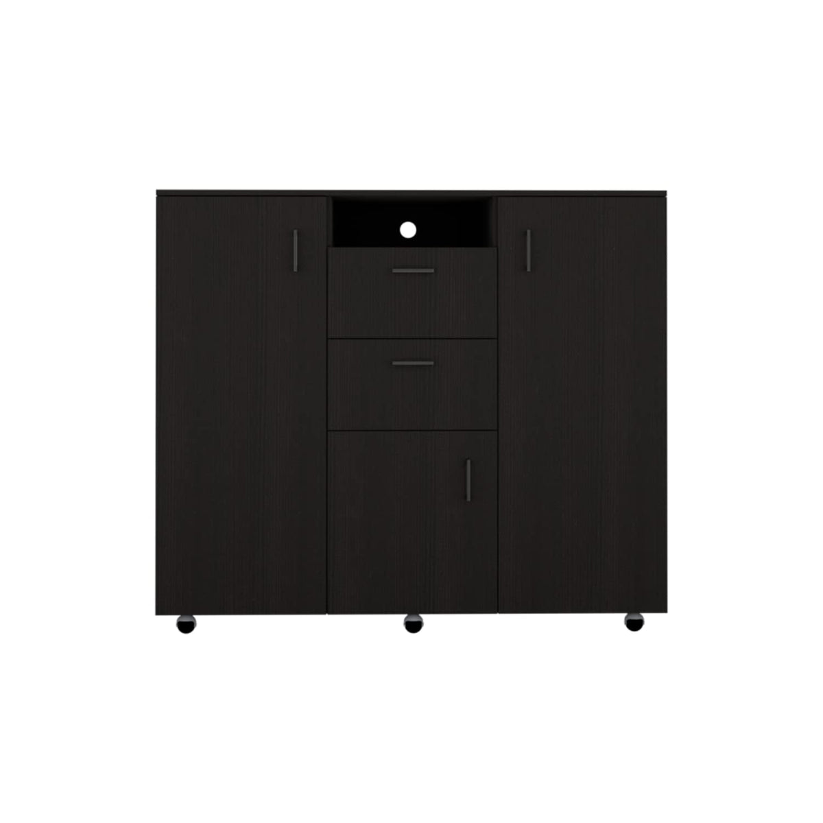 3 Door Cabinet Dresser 48&quot; H, 2 Drawers, 4 Interior Shelves, Rod, Black