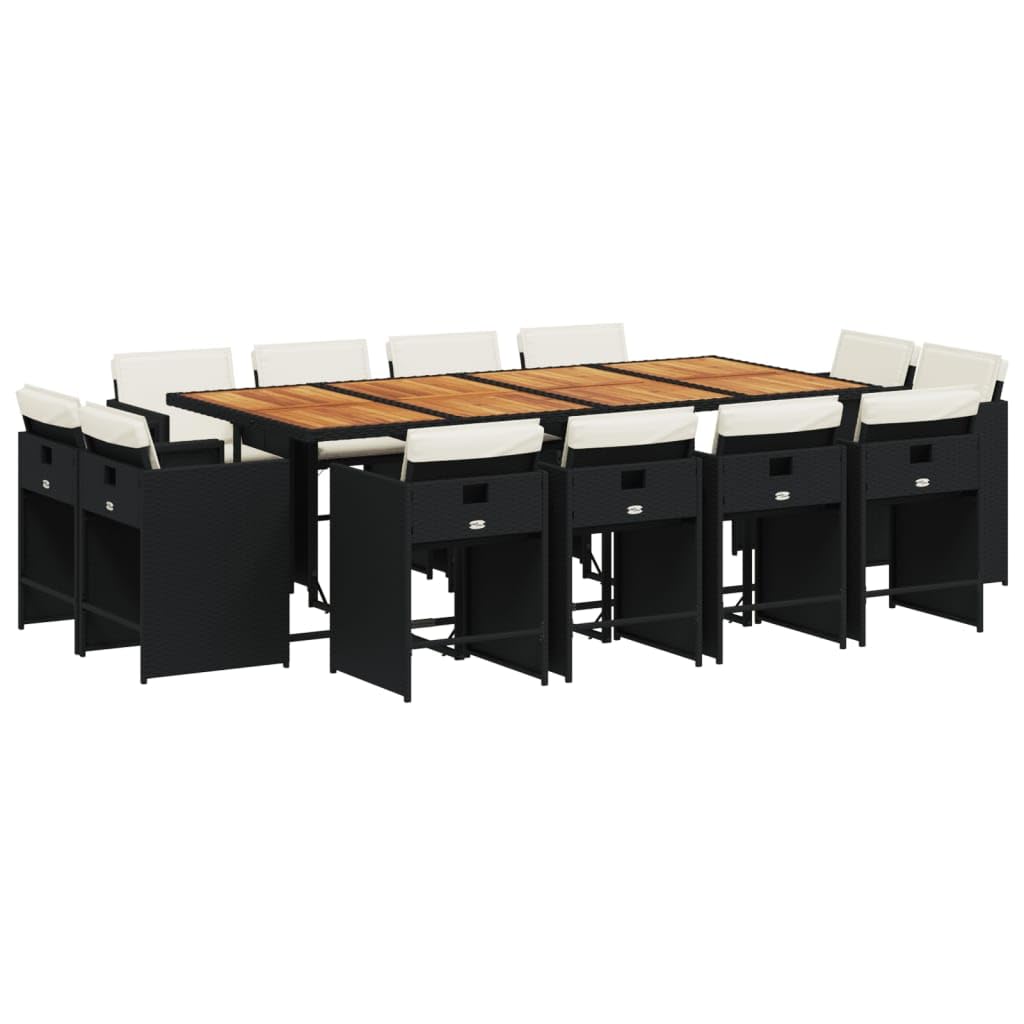 vidaXL 13 Piece Patio Dining Set - Black Poly Rattan - Cushions Included - Acacia Wood Tabletop, Compact Storage, Weather-Resistant - 12 Foldable Chairs - for Garden, Patio, Backyard