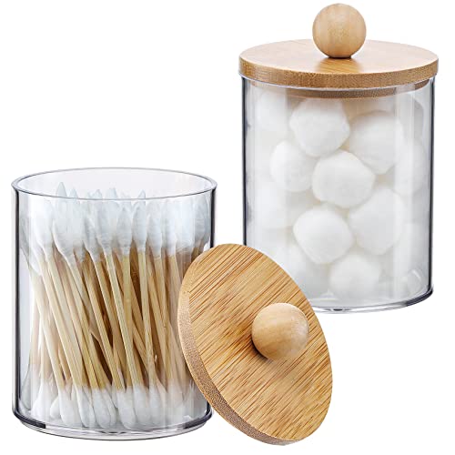 VITEVER 2 Pack Qtip Holder Dispenser with Bamboo Lids - 10 oz Clear Plastic Apothecary Jar Containers for Vanity Makeup Organize