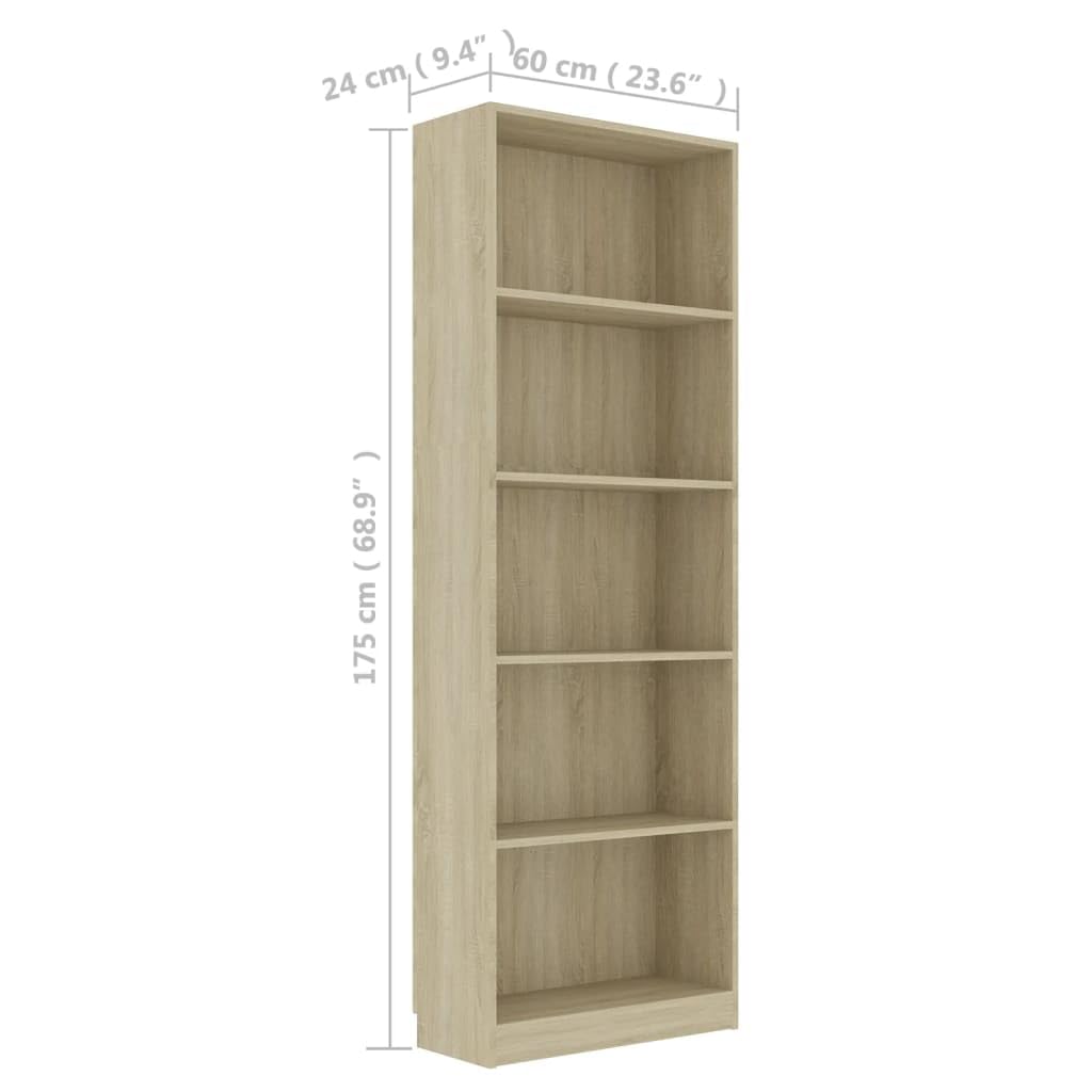 vidaXL Bookshelf, 5-Layer Design Bookcase, Freestanding Display Storage, Display Shelf for Living Room, Modern, Sonoma Oak Engineered Wood