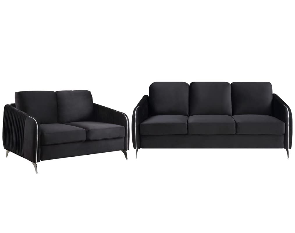 Lilola Home Hathaway Black Velvet Fabric Sofa Loveseat Living Room Set