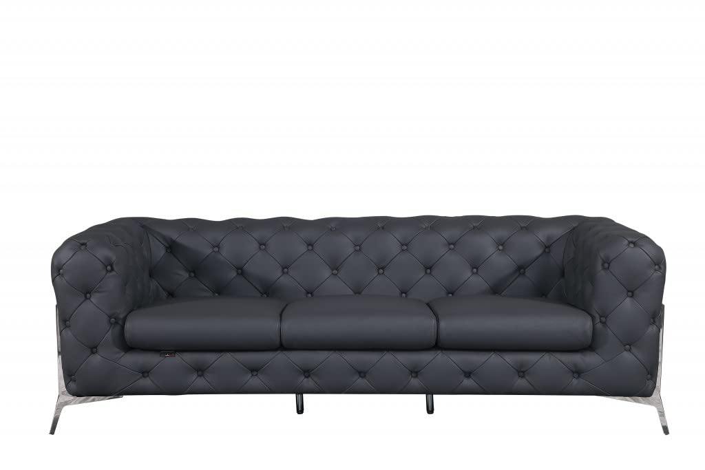 HomeRoots 93&quot; Dark Gray Genuine Button Tufted Leather Standard Sofa