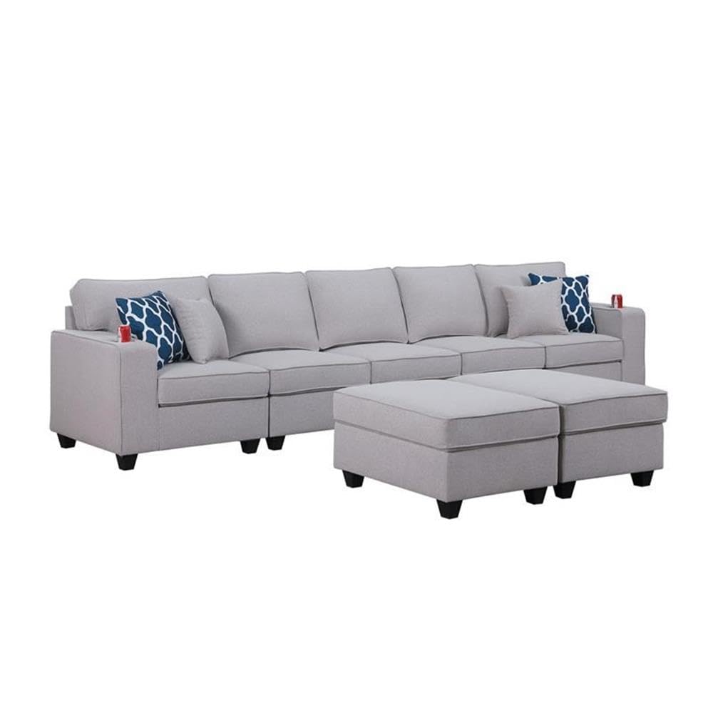 Lilola Home Cooper Light Gray Linen 5-Seater Sofa with 2 Ottomans and Cupholder