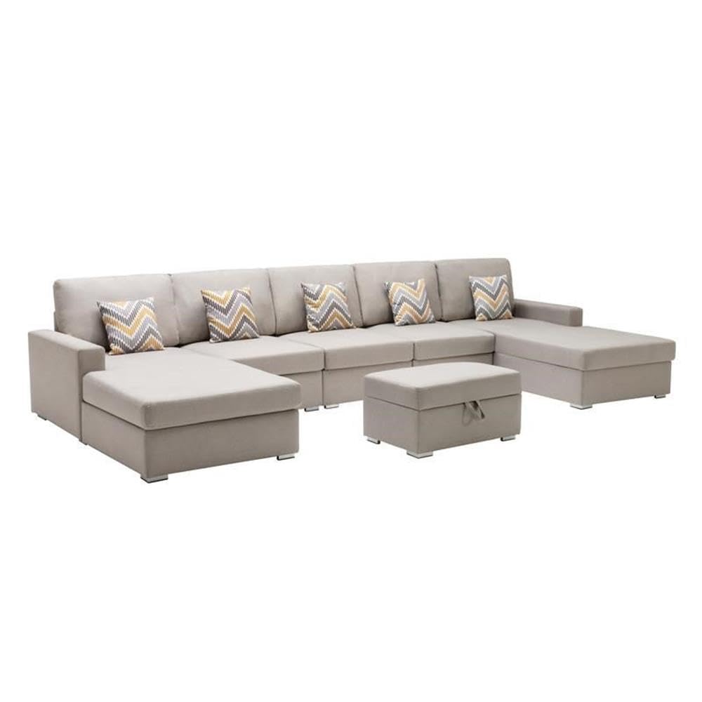 Lilola Home Nolan Beige Linen Fabric 6Pc Double Chaise Sectional Sofa with Interchangeable Legs, Storage Ottoman, and Pillows