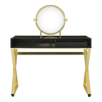 Acme Coleen Glass Top Vanity Desk with Jewelry Tray in Black and Gold