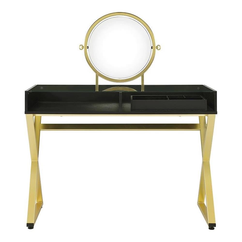 Acme Coleen Glass Top Vanity Desk with Jewelry Tray in Black and Gold