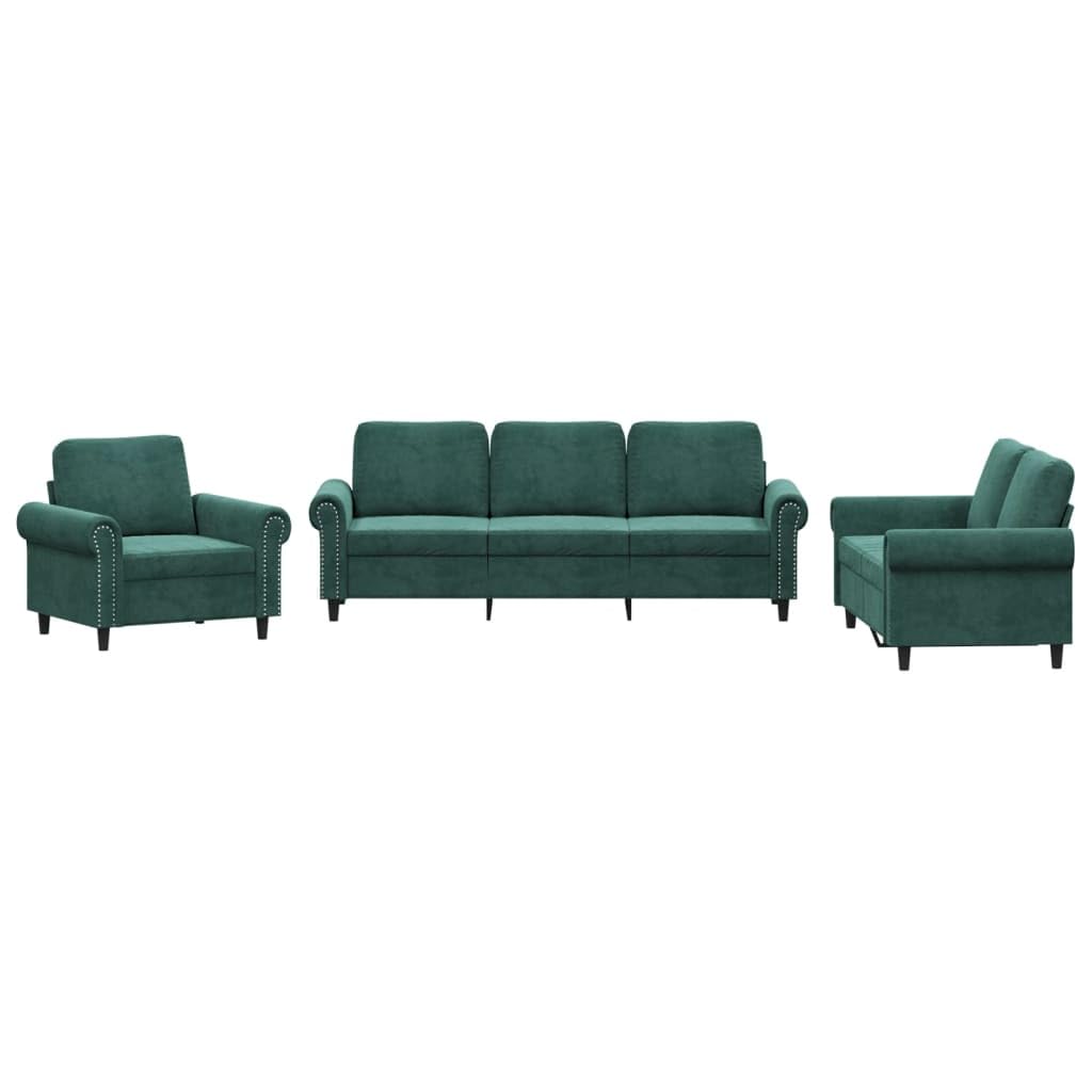 vidaXL 3 Piece Velvet Sofa Set with Cushions - Comfortable Seating for Home and Office - Dark Green