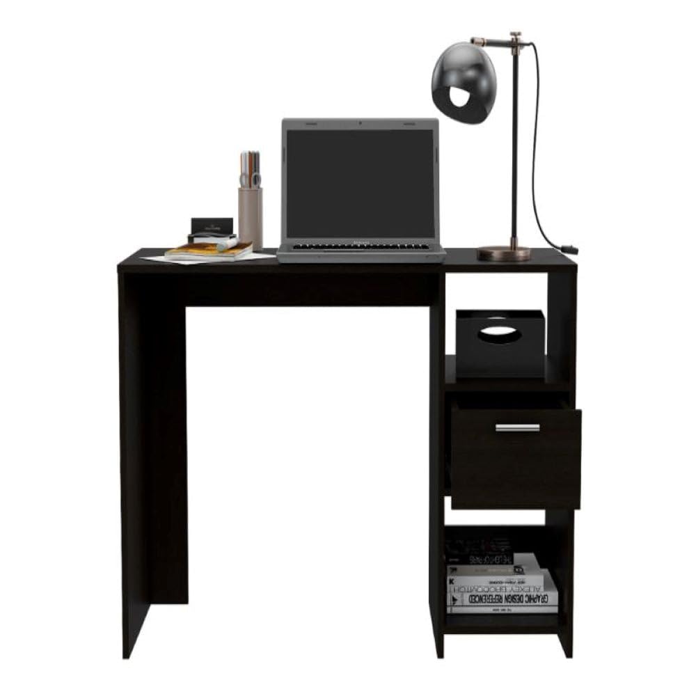 Computer Desk Odessa with Single Drawer and Open Storage Cabinets, Black
