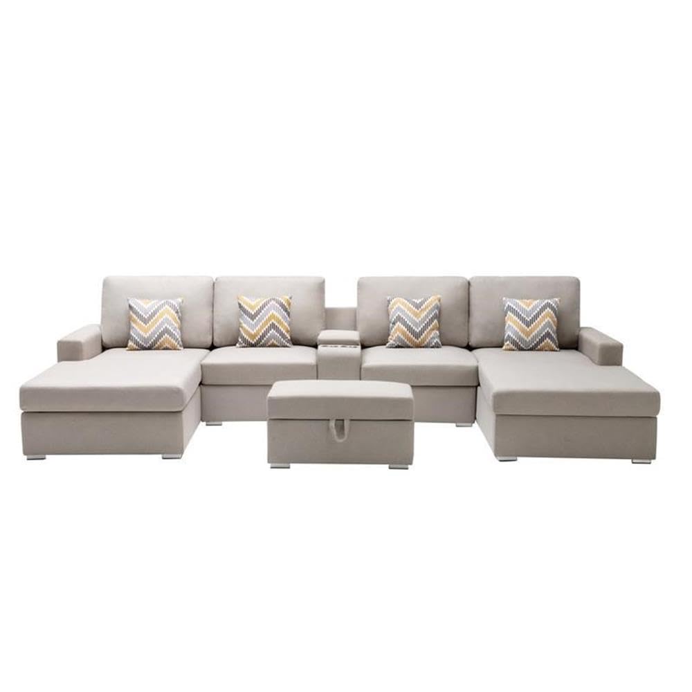 Lilola Home Nolan Beige Linen Fabric 6Pc Double Chaise Sectional Sofa with Interchangeable Legs, Storage Ottoman, Pillows, and a USB, Charging Ports, Cupholders, Storage Console Table