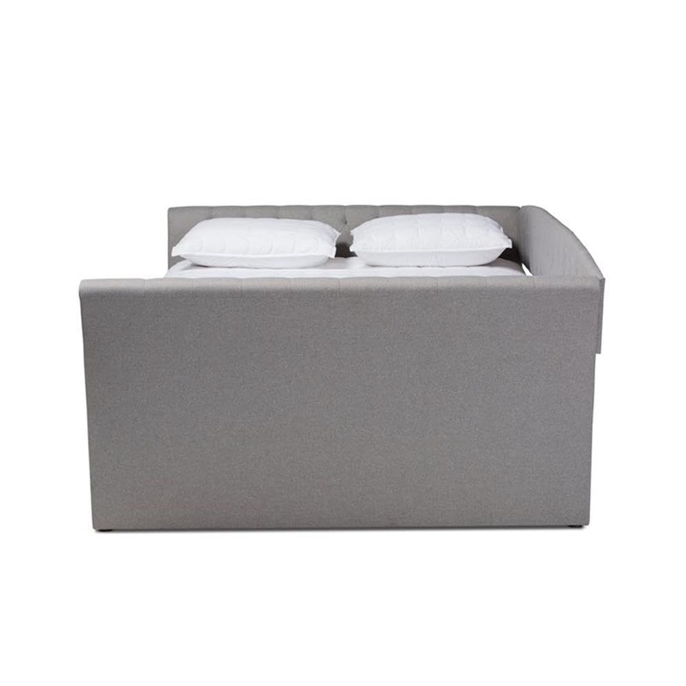 Baxton Studio Delora Modern and Contemporary Light Grey Fabric Upholstered Queen Size Daybed with Roll-Out Trundle Bed