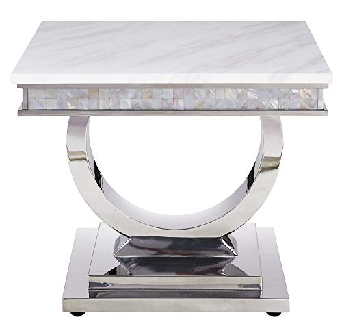 Acme Furniture Zander End Table in White Printed Faux Marble & Mirrored Silver Finish