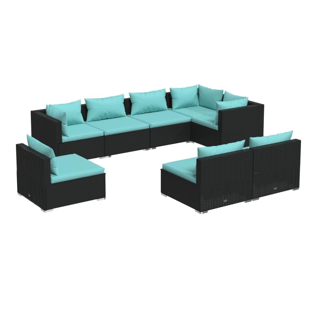 vidaXL 8-Piece Outdoor Patio Lounge Set - Weather-Resistant Poly Rattan Furniture Set, Black with Water Blue Cushions – Powder-Coated Steel Frame with Modular Design