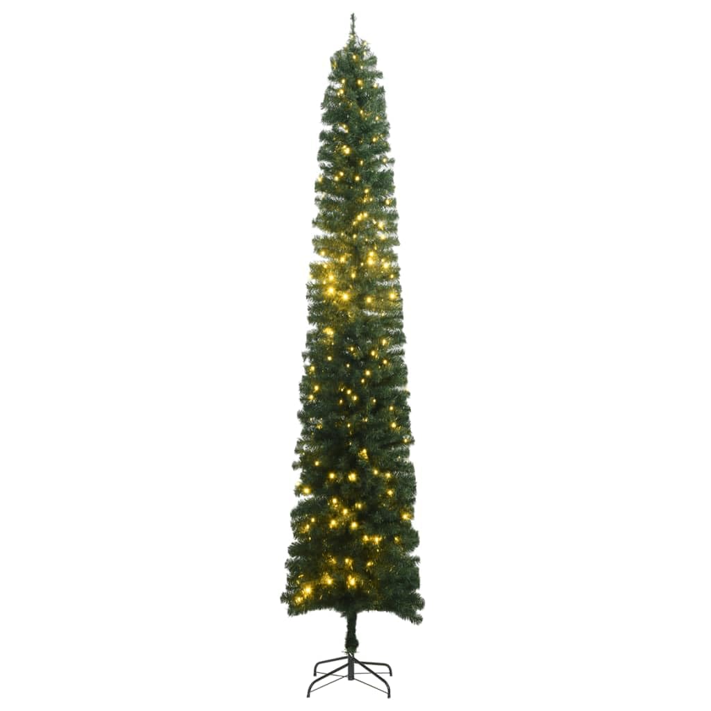 vidaXL Slim Green Christmas Tree 106.3&quot; with 300 LED Lights – Space-Saving Indoor Holiday Decor with Sturdy Metal Stand and Customizable Lighting Modes