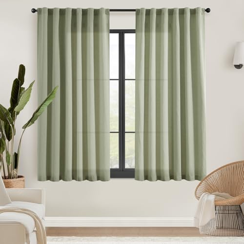 Jinchan Green Linen Blend Curtains 72 Inches Long For Living Room Farmhouse Rod Pocket Back Tab Light Filtering Window Drapes For Bedroom Curtains Crude 2 Panels Sage Green