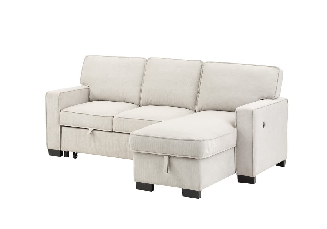 Lilola Home Estelle 86.5&Quot; Beige Fabric Reversible Sleeper Sectional With Storage Chaise Drop-Down Table 2 Cup Holders And 2Usb Ports