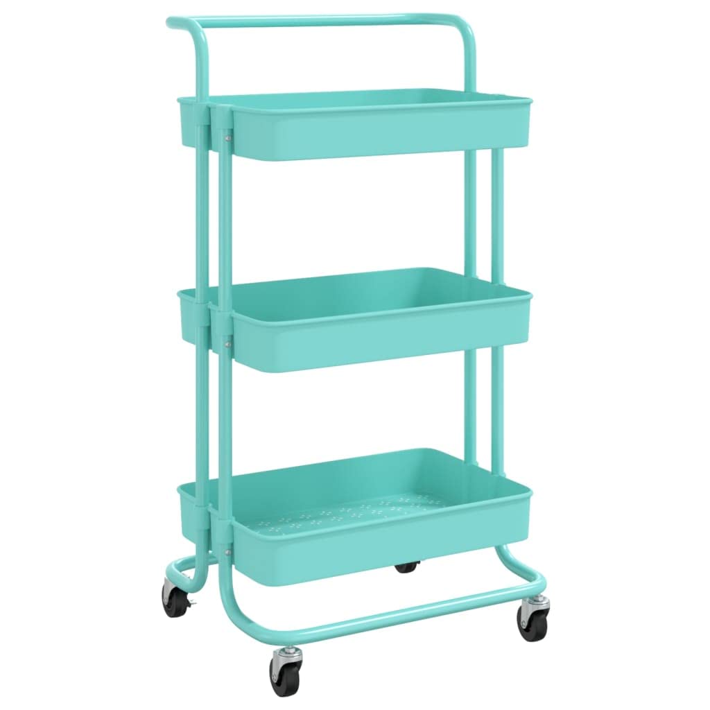 vidaXL 3-Tier Kitchen Trolley in Turquoise - Versatile Iron and ABS Storage Cart with Wheels and Brakes for Kitchen, Bathroom and Office - 16.5x13.8x33.5