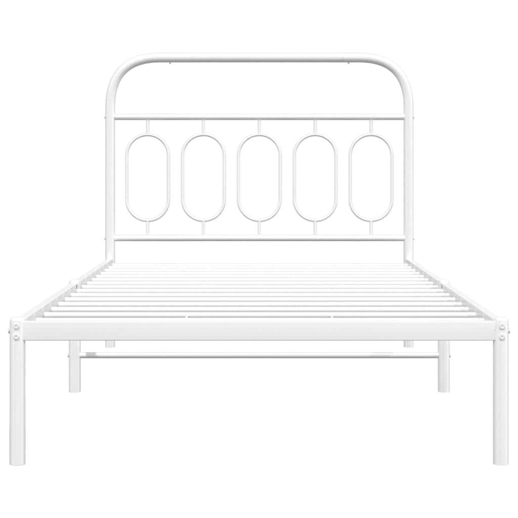vidaXL Metal Bed Frame with Headboard - White Single Bed 39.4&quot;x78.7&quot; - Sturdy Steel Construction, Storage Space, Elegant Design