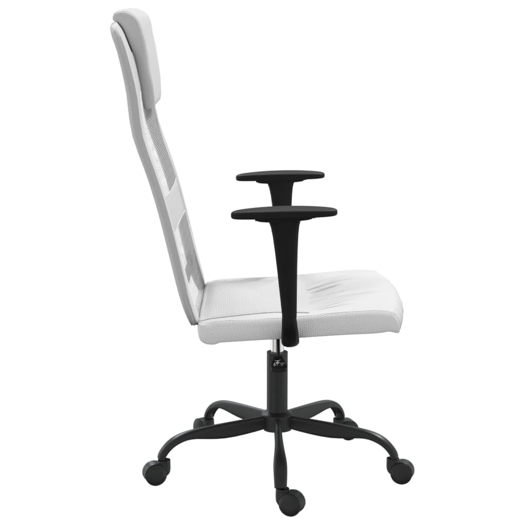 vidaXL White Office Chair – Adjustable Mesh Fabric & Faux Leather Workspace Seating – Swivel Design with Rolling Castors, Armrests & Headrest