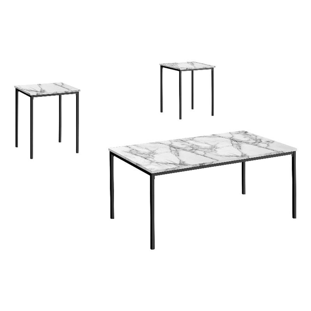 Monarch Specialties 7892p, 3pcs, Coffee, End, Black Metal, White Marble Look Laminate, Contemporary TABLE SET, 42&quot; L x 22&quot; W x 18&quot; H