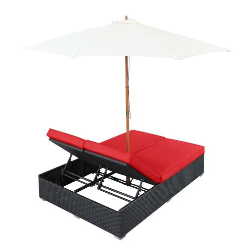 Modway Arrival Outdoor Wicker Rattan Patio Dual Chaise Lounges With Espresso Red Sun Shade