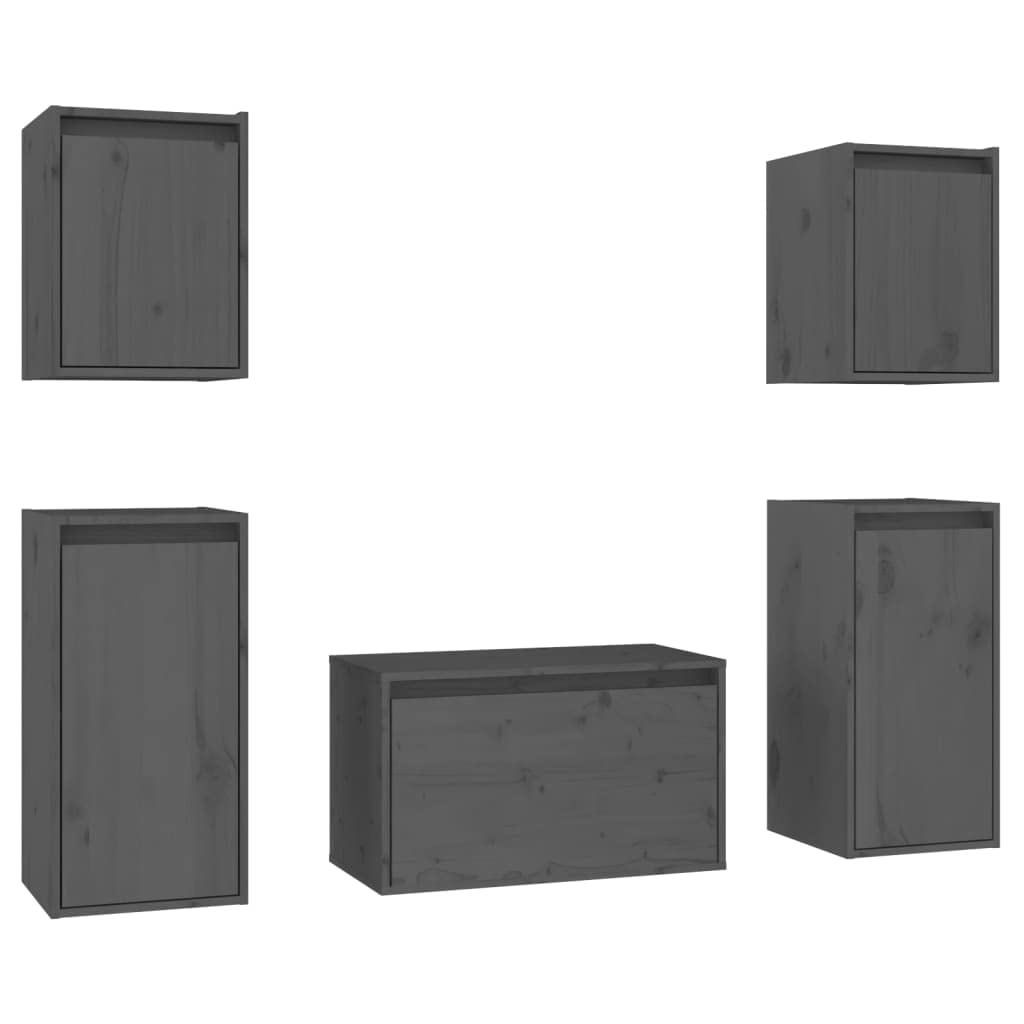 Vidaxl Tv Stand 5 Pcs, Wall Mounted Entertainment Center Tv Console With Storage, Floating Tv Stand For Living Room Bedroom, Gray Solid Wood Pine