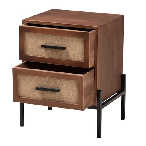 Baxton Studio Paxley Mid-Century Modern Industrial Walnut Brown Finished Wood and Beige Fabric 2-Drawer End Table