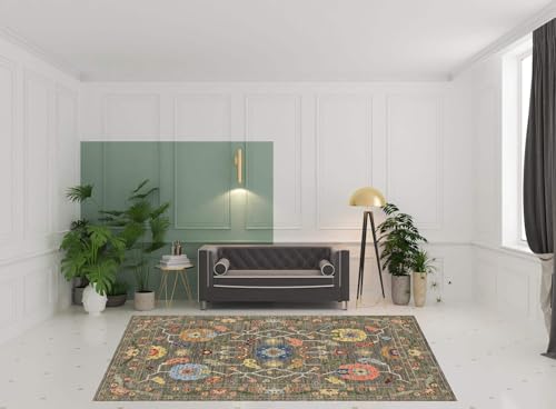 HomeRoots 509308 8 x 11 ft. Gray Blue Pink Orange Rust Red Green & Ivory Oriental Power Loom Stain Resistant Rectangle Area Rug with Fringe