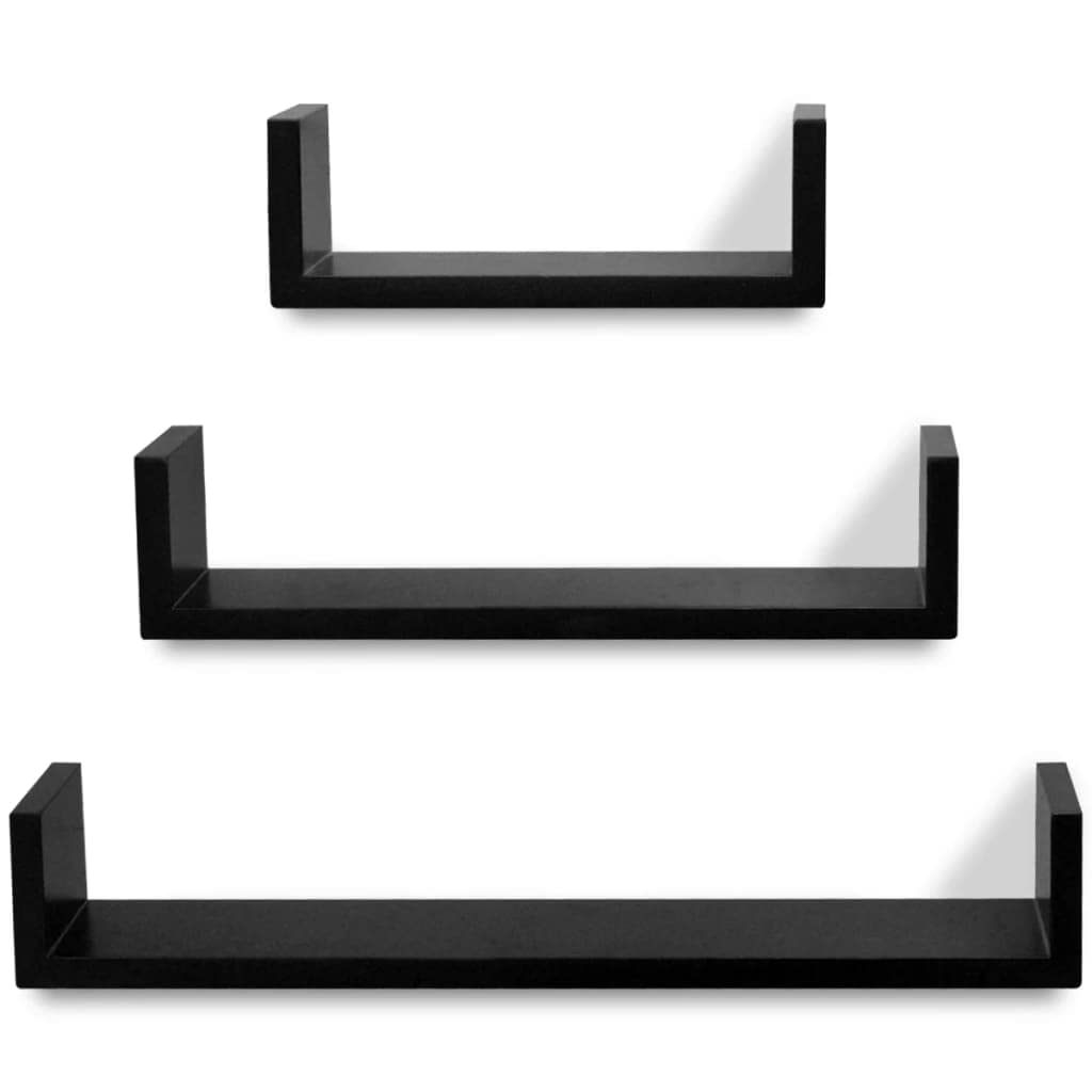 vidaXL Floating Wall Shelves - Wall Mounted Display Shelves, Black MDF, 3 Pcs, Invisible Mounting System, Various Sizes
