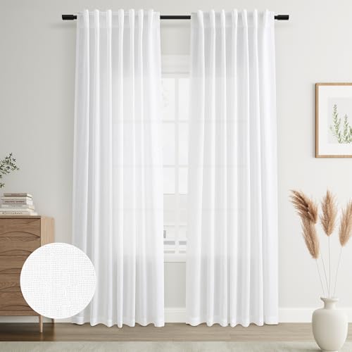 Joywell White Back Tab Rod Pocket Linen Curtains 84 Inches Long 2 Panels For Living Room Bedroom Neutral Boho Farmhouse Rustic Light Filtering Semi Sheer Curtains Window Treatment 52X84